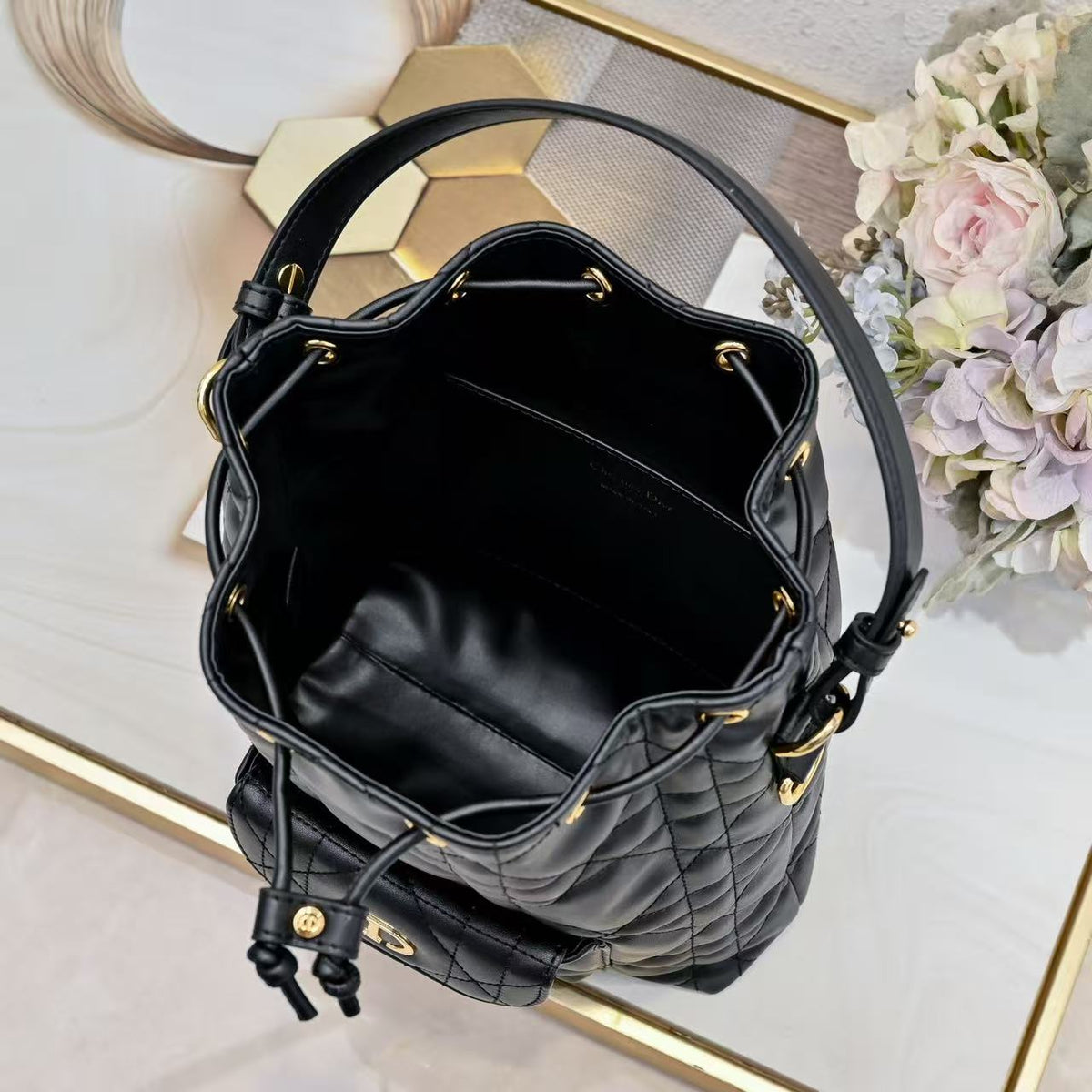 Small DR Caro Bucket Bag Powder Macrocannage Lambskin