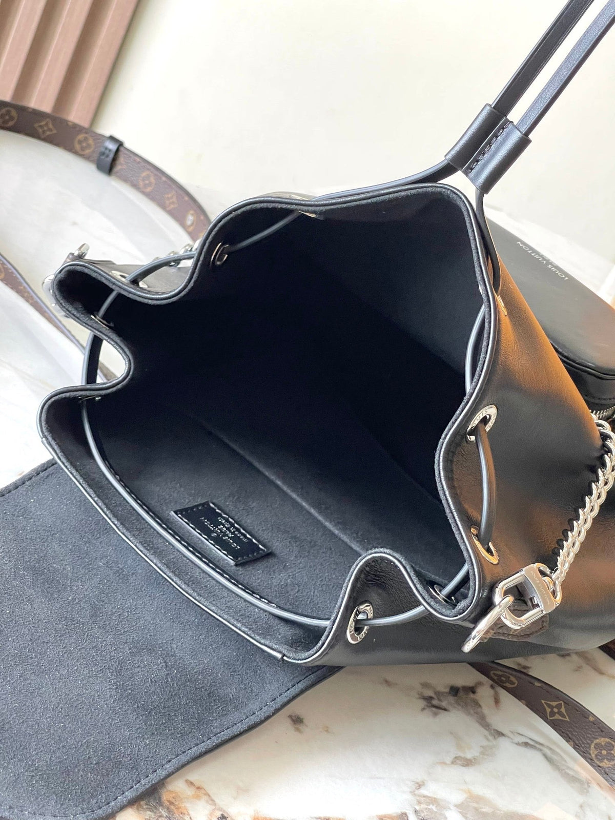 Black leather patchwork monogram backpack series