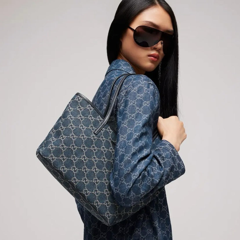 2026 Large Blue Washed GG Denim Tote Bag 874745 FAF8V 4042