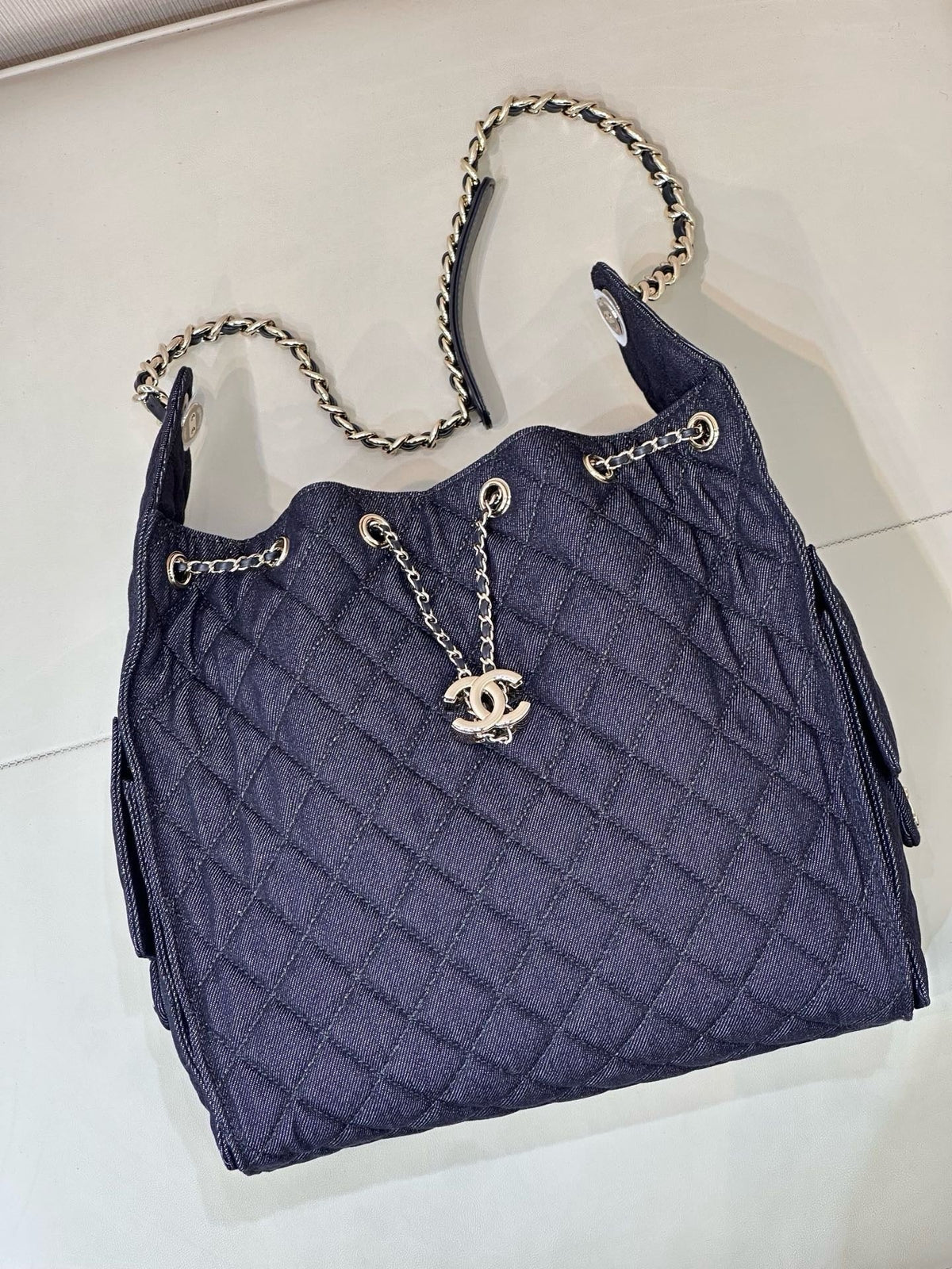 2026 Chain-Strap Tote Bag in Dark Blue Vintage Quilted Denim AS5311 B24037 U9373